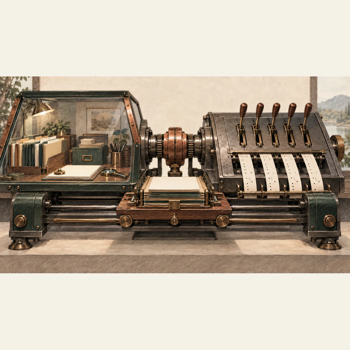 A glazed visual workspace and a bank of precise punched-strip levers connect through one copper clutch to a shared task carriage.