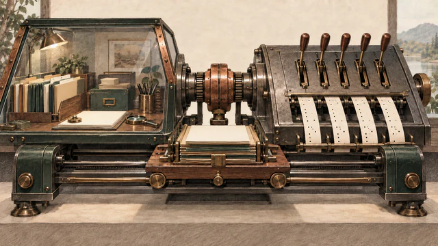 A glazed visual workspace and a bank of precise punched-strip levers connect through one copper clutch to a shared task carriage.