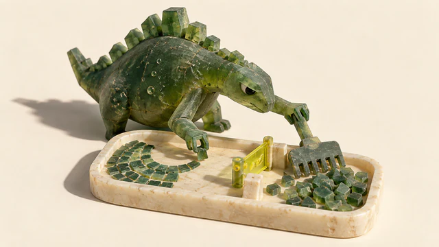 A scuffed translucent green dinosaur places a tile into a curved mosaic while holding a rake above loose tiles in the same ivory tray. A small yellow gate divides the working areas, with hard shadows across a warm ivory background.