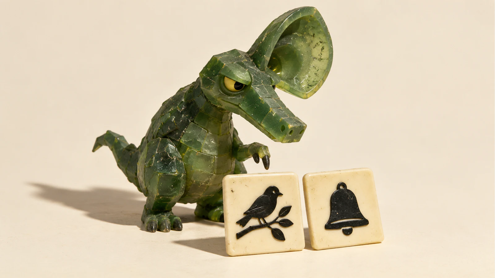 A scuffed translucent green dinosaur with an oversized ear and skeptical yellow eye holds a claw above ivory tiles depicting a bird and a bell. Hard shadows fall across the warm ivory background.