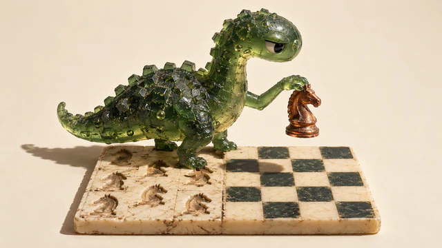 A translucent green resin dinosaur holds a copper-colored chess knight above empty checkerboard squares. Beneath its feet, the board’s other half bears repeated knight-shaped impressions. Hard light casts a shadow across the warm ivory background.