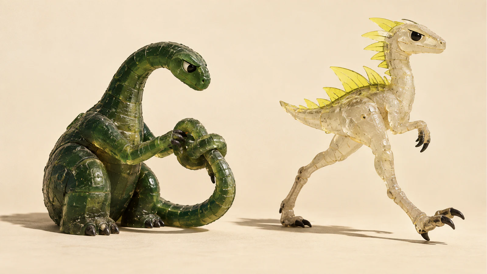 Two handmade-looking translucent resin dinosaurs on an ivory background: a seated forest-green creature handles a knot in its tail while a clear creature with yellow spines strides independently beside it. Hard shadows emphasize their scuffed surfaces.
