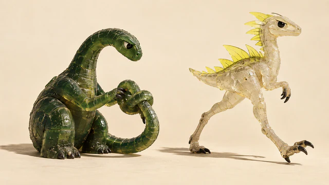 Two handmade-looking translucent resin dinosaurs on an ivory background: a seated forest-green creature handles a knot in its tail while a clear creature with yellow spines strides independently beside it. Hard shadows emphasize their scuffed surfaces.