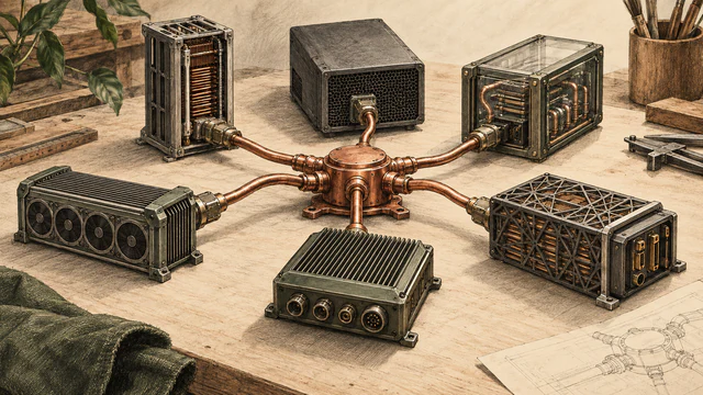 Six distinct model cartridges surround a shared copper manifold, with different housings and connectors representing varied deployment choices.