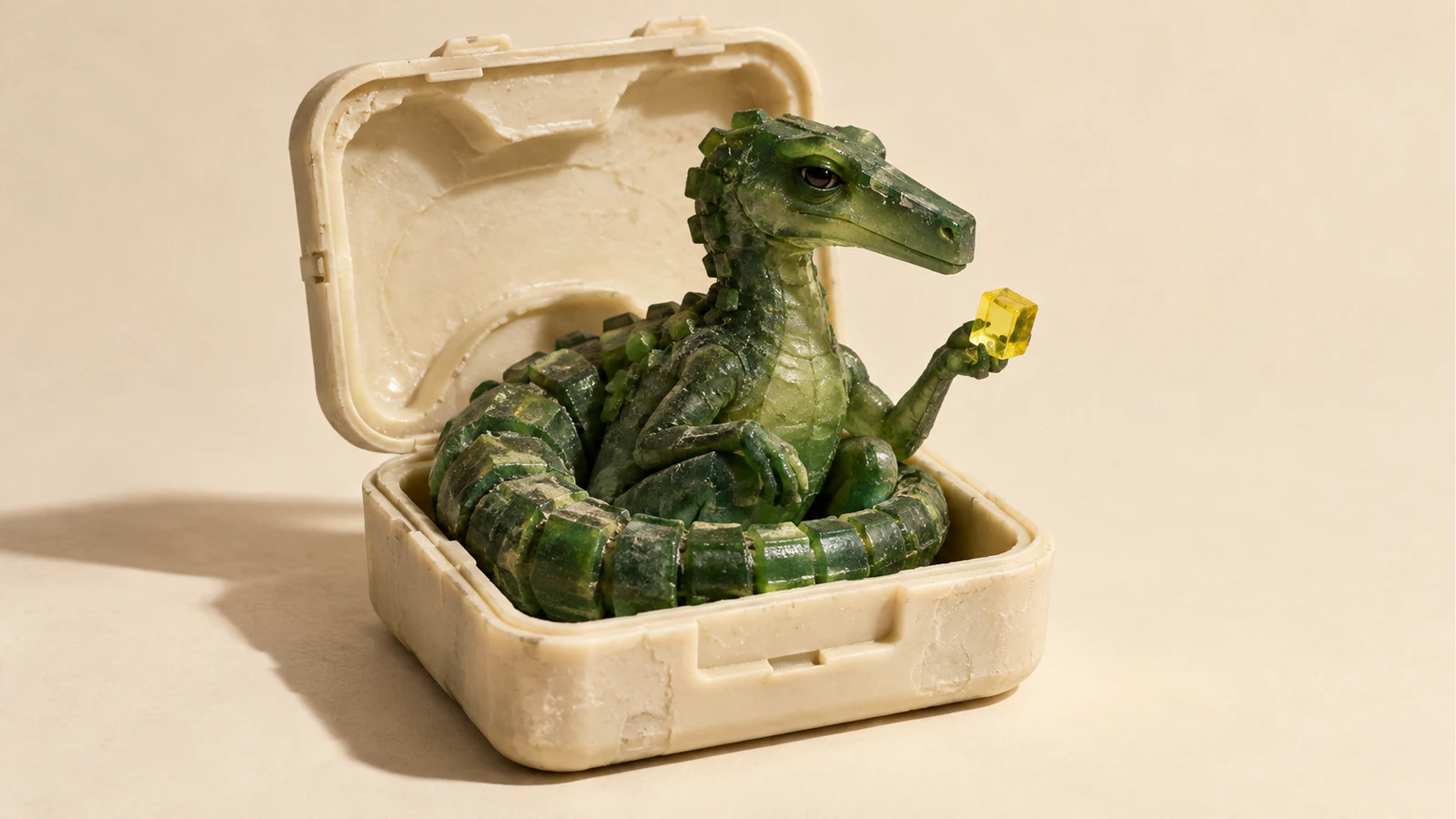 A skeptical green resin dinosaur sits in an open ivory carrying case, its segmented tail curled around its body. It holds a translucent yellow chip above the rim, casting a hard shadow across the warm ivory background.