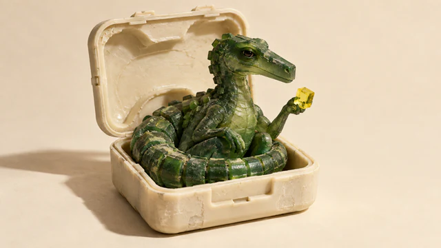 A skeptical green resin dinosaur sits in an open ivory carrying case, its segmented tail curled around its body. It holds a translucent yellow chip above the rim, casting a hard shadow across the warm ivory background.