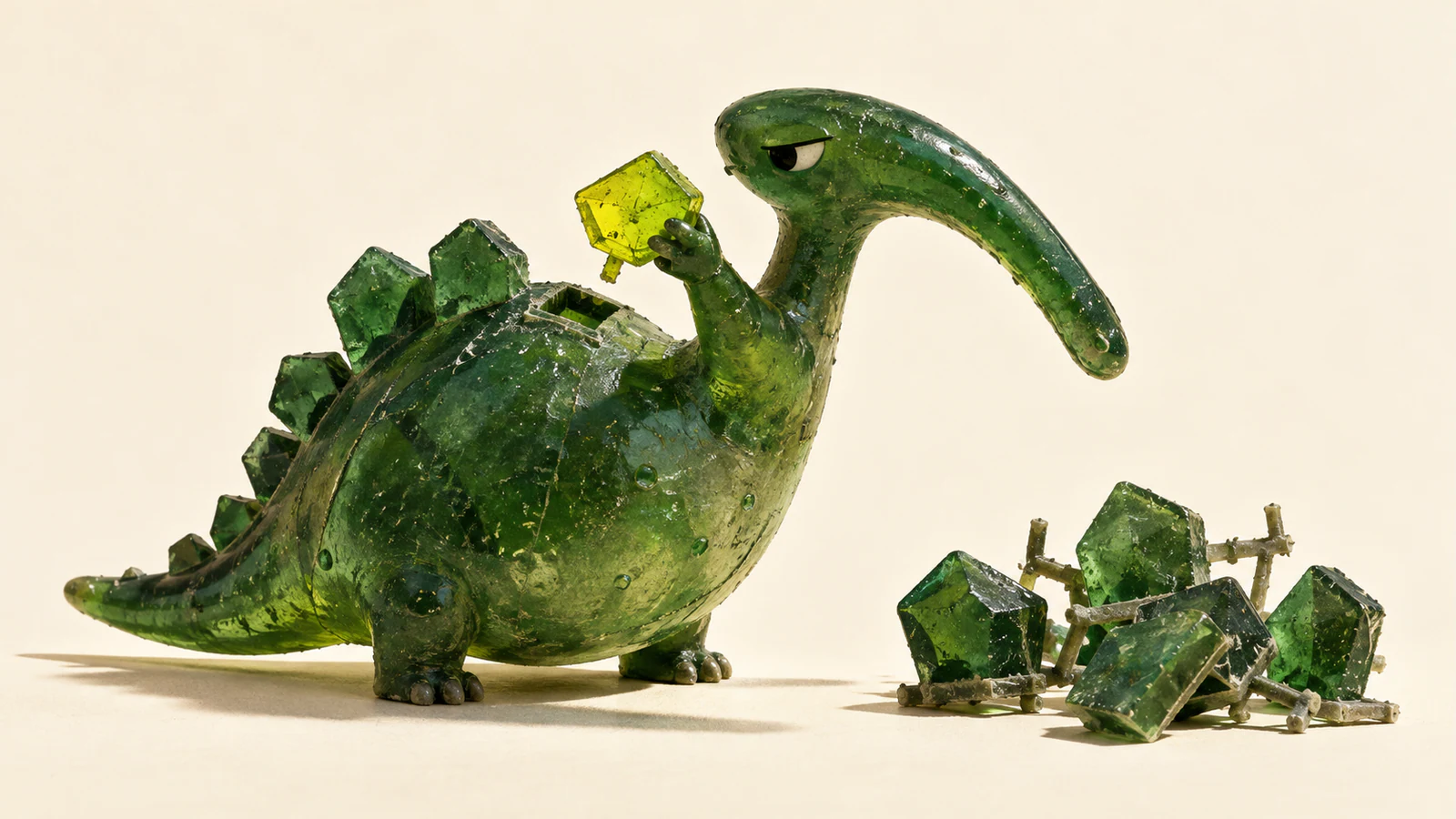 A skeptical translucent green resin dinosaur holds a yellow scale above an empty socket in its back. Spare scales with casting sprues lie separately on an ivory surface, casting hard shadows.