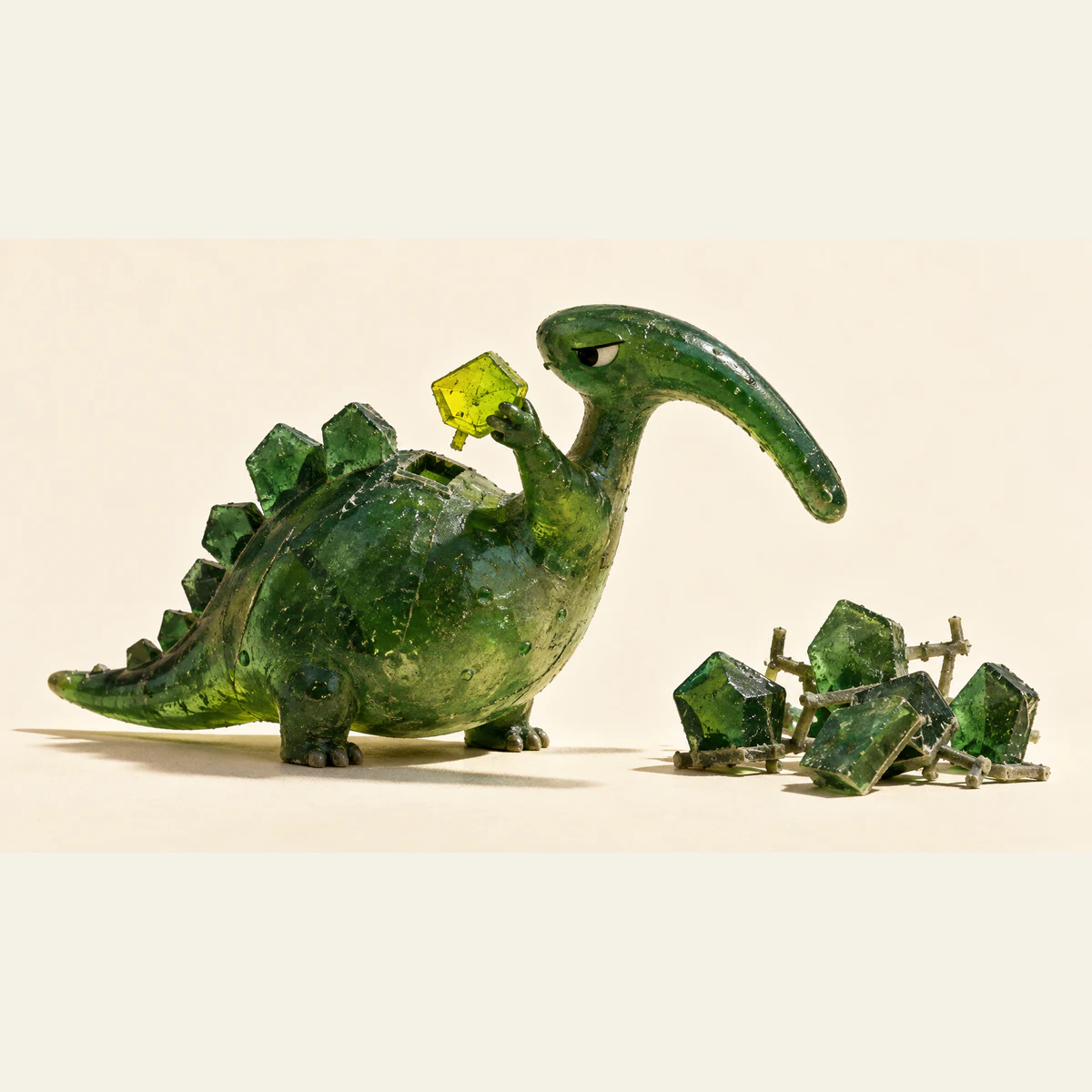 A skeptical translucent green resin dinosaur holds a yellow scale above an empty socket in its back. Spare scales with casting sprues lie separately on an ivory surface, casting hard shadows.