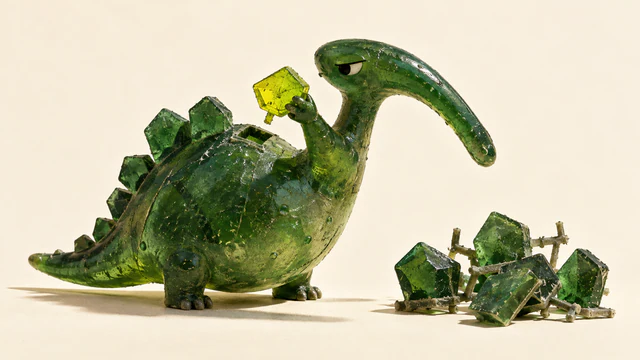 A skeptical translucent green resin dinosaur holds a yellow scale above an empty socket in its back. Spare scales with casting sprues lie separately on an ivory surface, casting hard shadows.