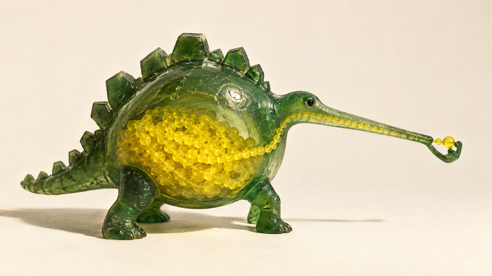 A translucent green resin dinosaur holds yellow bead strands in its round belly. A single strand passes through its long, narrow snout against an ivory background.