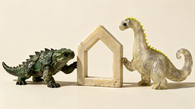 A squat forest-green resin dinosaur and a taller translucent dinosaur with yellow spines touch opposite sides of an ivory house-shaped frame, casting hard shadows on a warm ivory background.