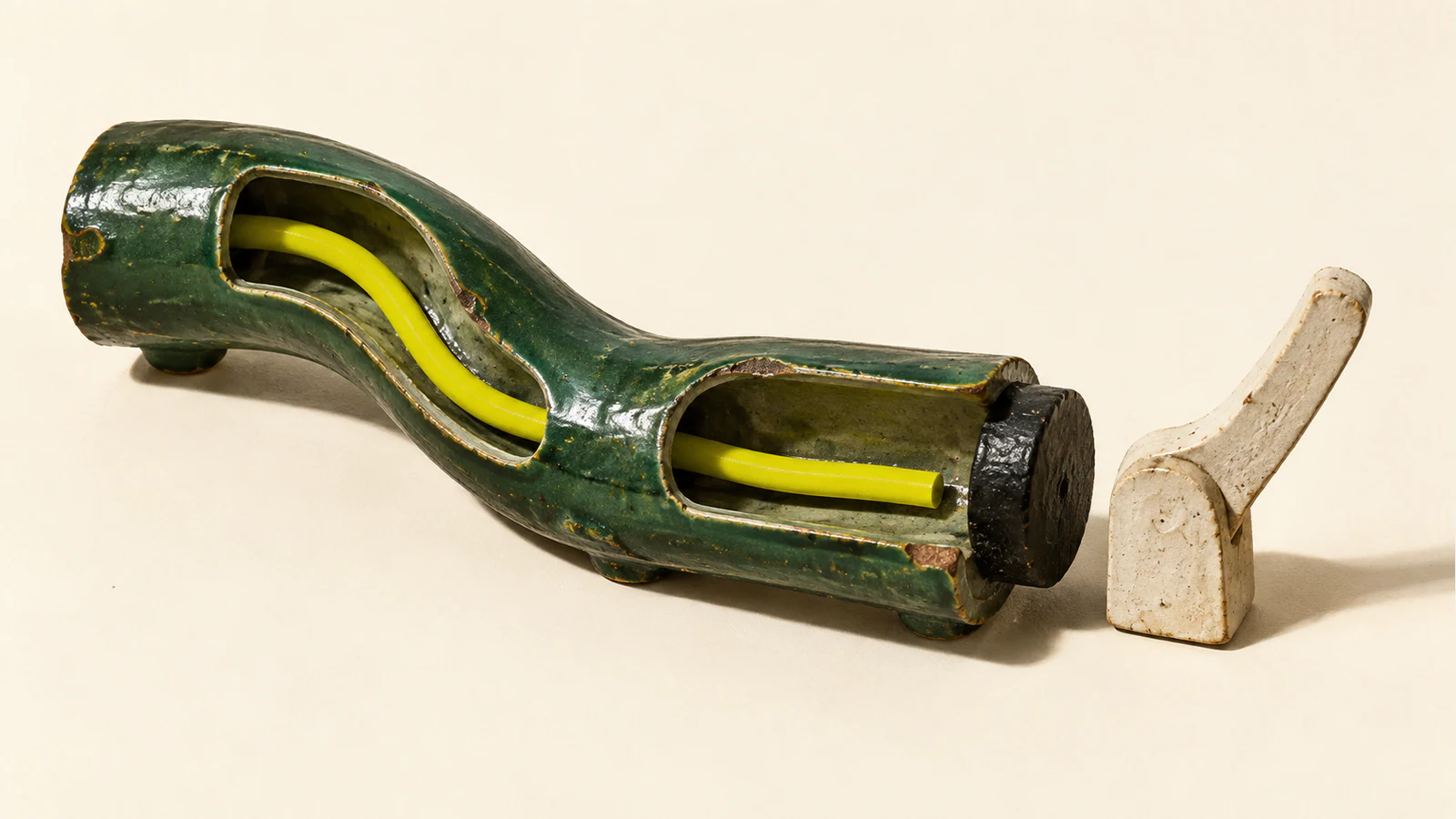 A chipped forest-green ceramic conduit exposes a yellow trace through two openings. The trace ends before a black stopper, with a separate raised ivory lever beyond it, on a warm ivory background.