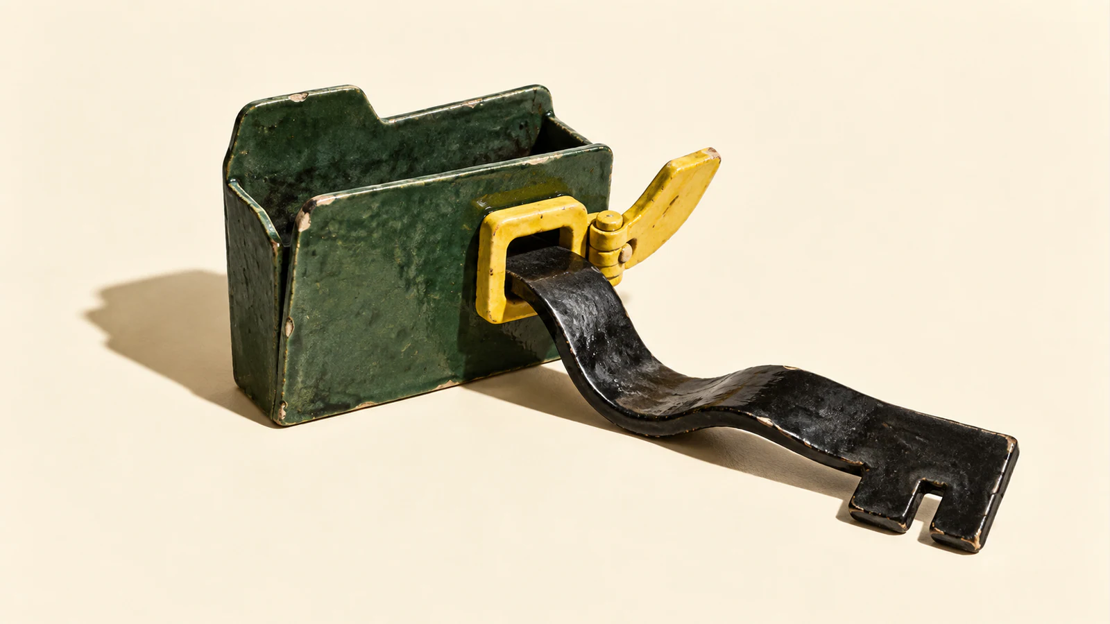 A chipped green ceramic folder with an open yellow latch releases a long black, key-shaped strip onto an ivory surface, casting hard shadows.