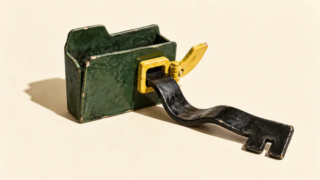 A chipped green ceramic folder with an open yellow latch releases a long black, key-shaped strip onto an ivory surface, casting hard shadows.