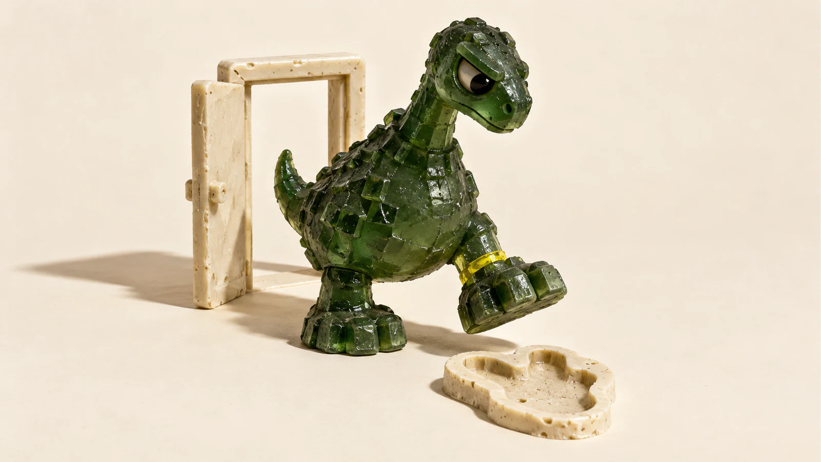 A skeptical green resin dinosaur raises one chunky foot above an ivory footprint mold, with an open doorway behind it. A yellow ankle band and hard shadows punctuate the warm ivory scene.