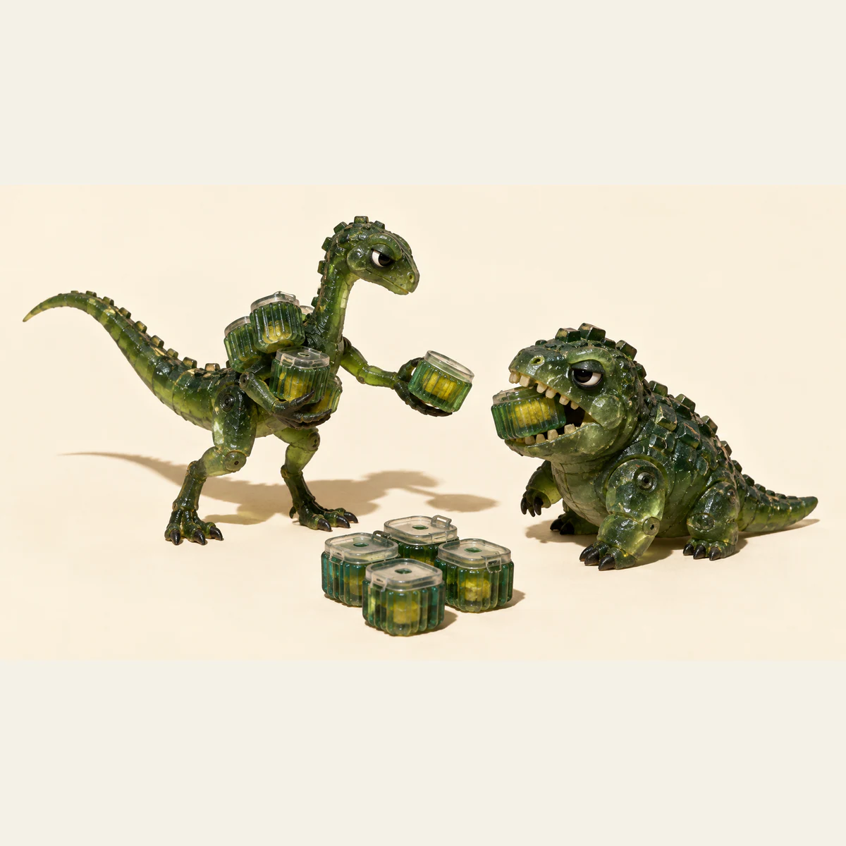Two translucent green resin dinosaurs on an ivory background: a tall creature offers a ribbed pod while a squat creature bites another. Four closed pods sit in front, with hard shadows beneath.