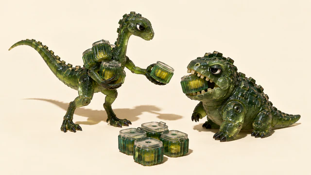 Two translucent green resin dinosaurs on an ivory background: a tall creature offers a ribbed pod while a squat creature bites another. Four closed pods sit in front, with hard shadows beneath.