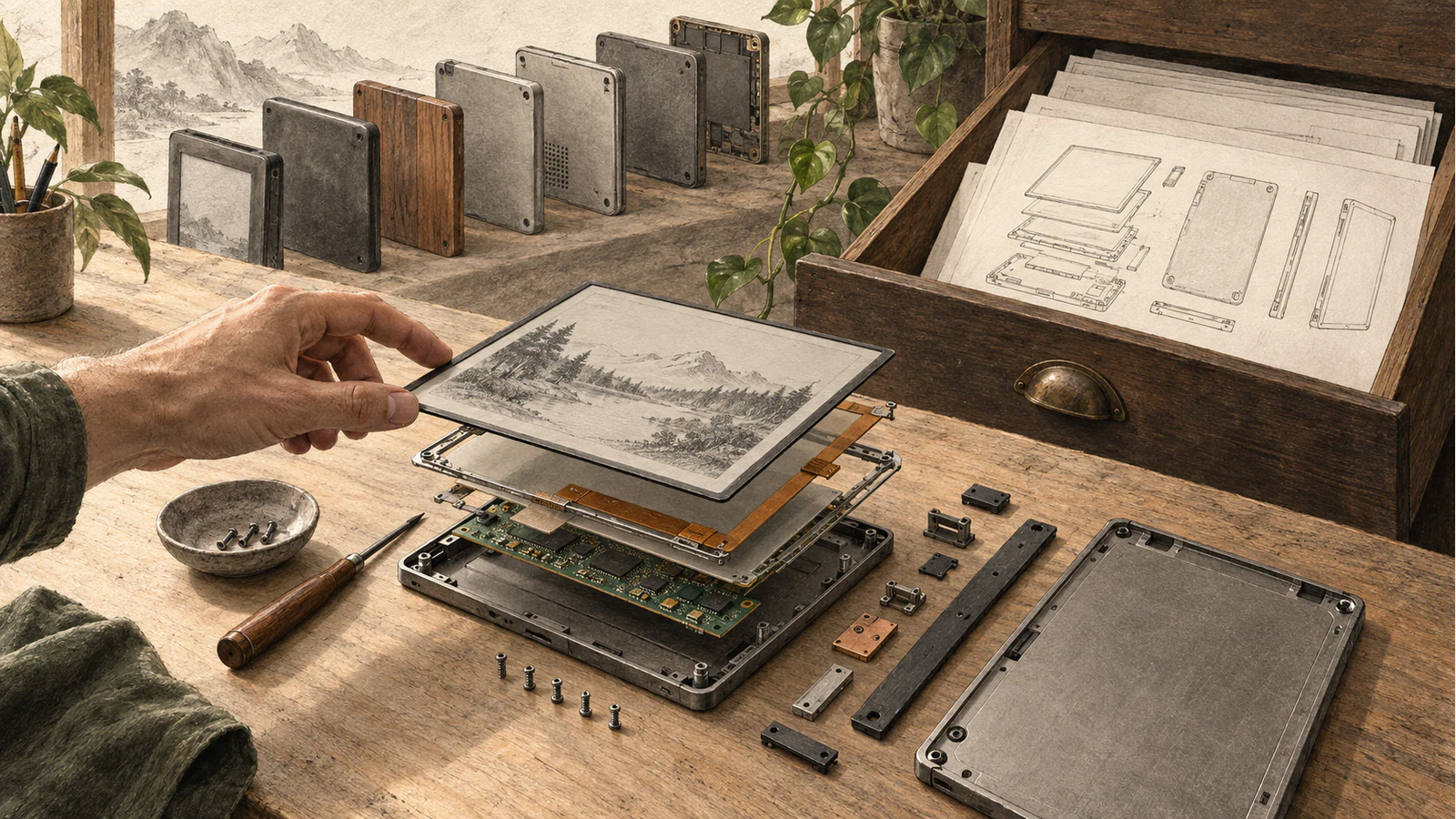 A maker lifts an e-ink panel above repairable layers and an open drawer of design drawings.