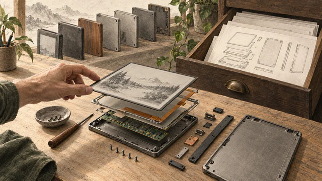 A maker lifts an e-ink panel above repairable layers and an open drawer of design drawings.