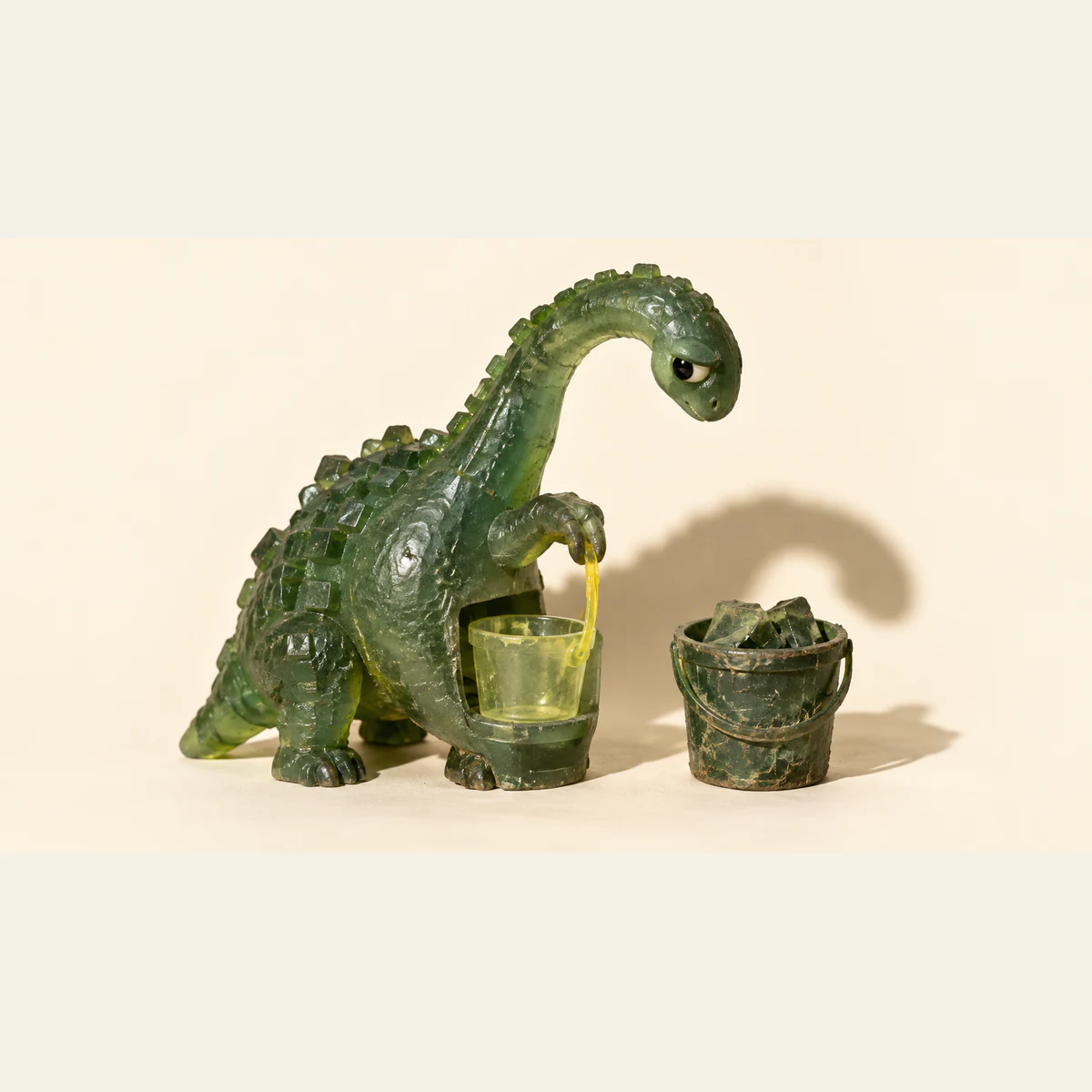 A translucent green resin dinosaur holds a yellow-handled empty bucket in a belly recess. A worn bucket filled with resin chunks stands separately on the ivory floor, beneath hard shadows.