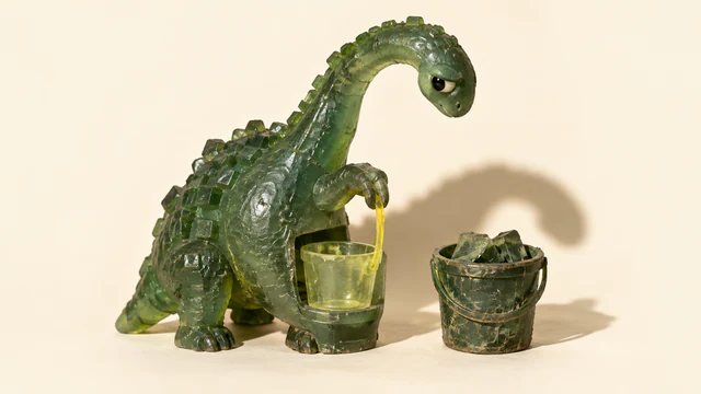 A translucent green resin dinosaur holds a yellow-handled empty bucket in a belly recess. A worn bucket filled with resin chunks stands separately on the ivory floor, beneath hard shadows.