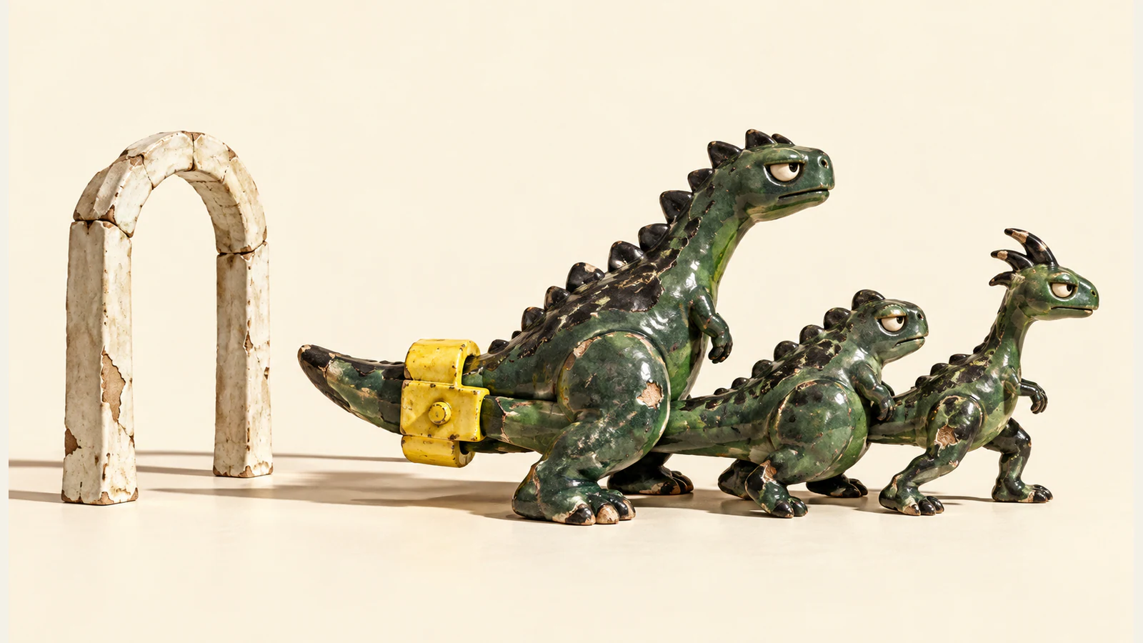 Three chipped green ceramic dinosaurs face right with overlapping tails held by a yellow clamp. A separate ivory arch stands open behind them, casting long shadows across a warm ivory background.