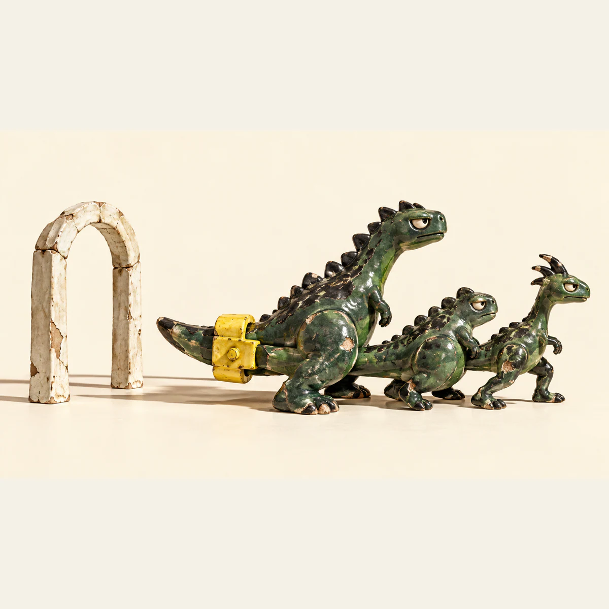 Three chipped green ceramic dinosaurs face right with overlapping tails held by a yellow clamp. A separate ivory arch stands open behind them, casting long shadows across a warm ivory background.
