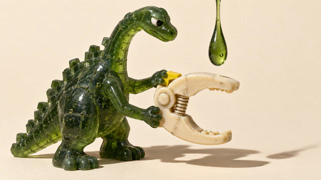 A skeptical translucent green resin dinosaur holds open an ivory spring clasp, one hand on a yellow tab, beneath a suspended green droplet. Handmade seams, bubbles and hard shadows stand out against a warm ivory background.