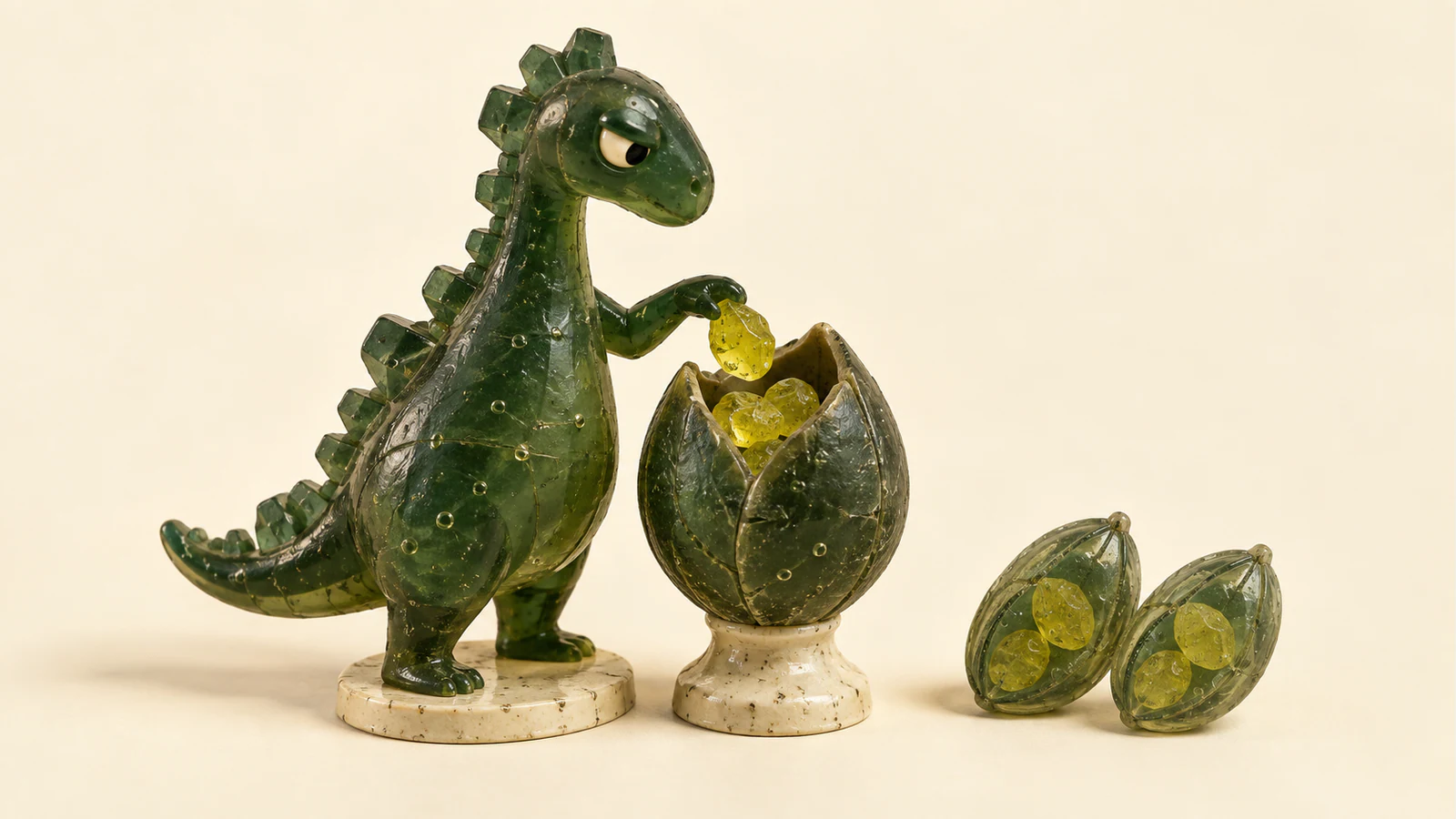 A skeptical translucent green resin dinosaur holds a yellow pebble above an open seedpod vessel. Two sealed pods containing yellow pebbles sit beside it on a warm ivory background.