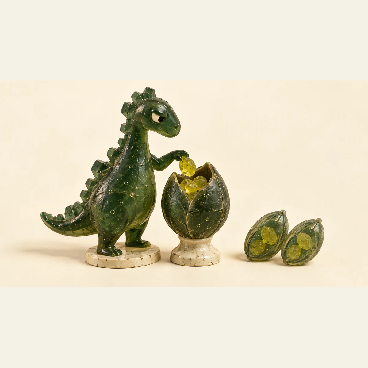 A skeptical translucent green resin dinosaur holds a yellow pebble above an open seedpod vessel. Two sealed pods containing yellow pebbles sit beside it on a warm ivory background.