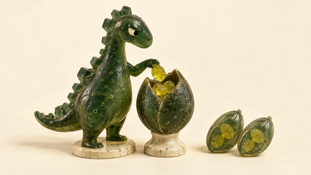 A skeptical translucent green resin dinosaur holds a yellow pebble above an open seedpod vessel. Two sealed pods containing yellow pebbles sit beside it on a warm ivory background.