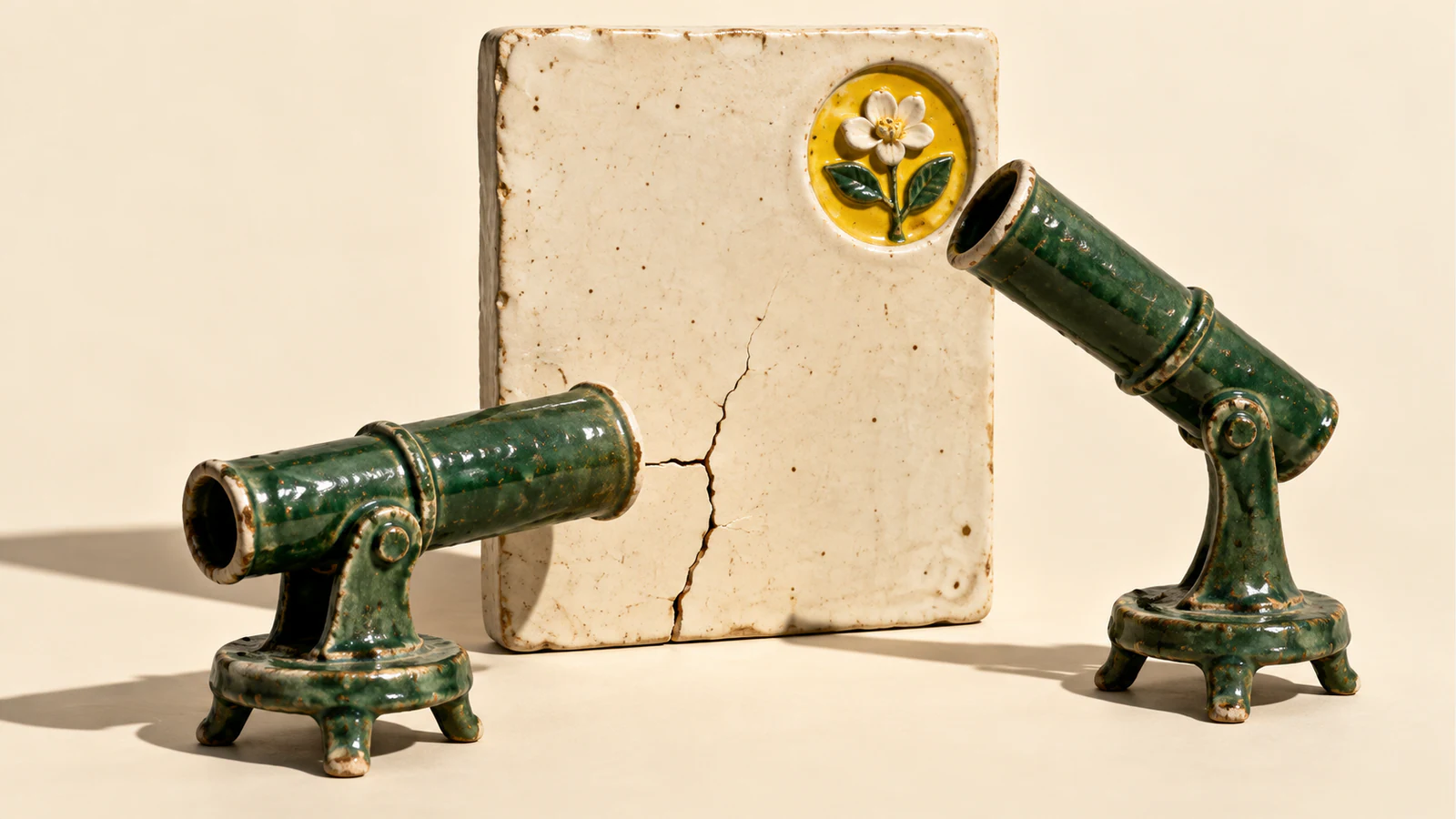 Two forest-green ceramic viewing tubes face an ivory tile: one aligns with a branching crack, the other tilts toward a yellow floral inset. Chipped glaze and long shadows emphasize the handmade scene.