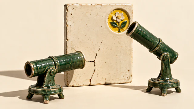 Two forest-green ceramic viewing tubes face an ivory tile: one aligns with a branching crack, the other tilts toward a yellow floral inset. Chipped glaze and long shadows emphasize the handmade scene.