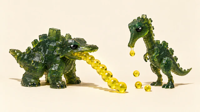 Two translucent green resin dinosaurs on an ivory background: a squat creature releases a connected strand of yellow beads, while a tall creature releases separate yellow drops.