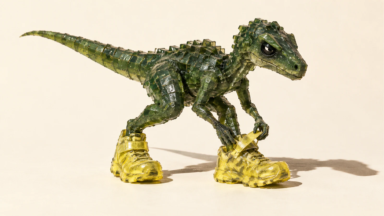 A skeptical green resin dinosaur bends to fasten an oversized yellow sneaker, casting a hard shadow across a warm ivory background.