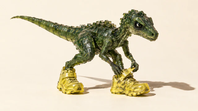 A skeptical green resin dinosaur bends to fasten an oversized yellow sneaker, casting a hard shadow across a warm ivory background.