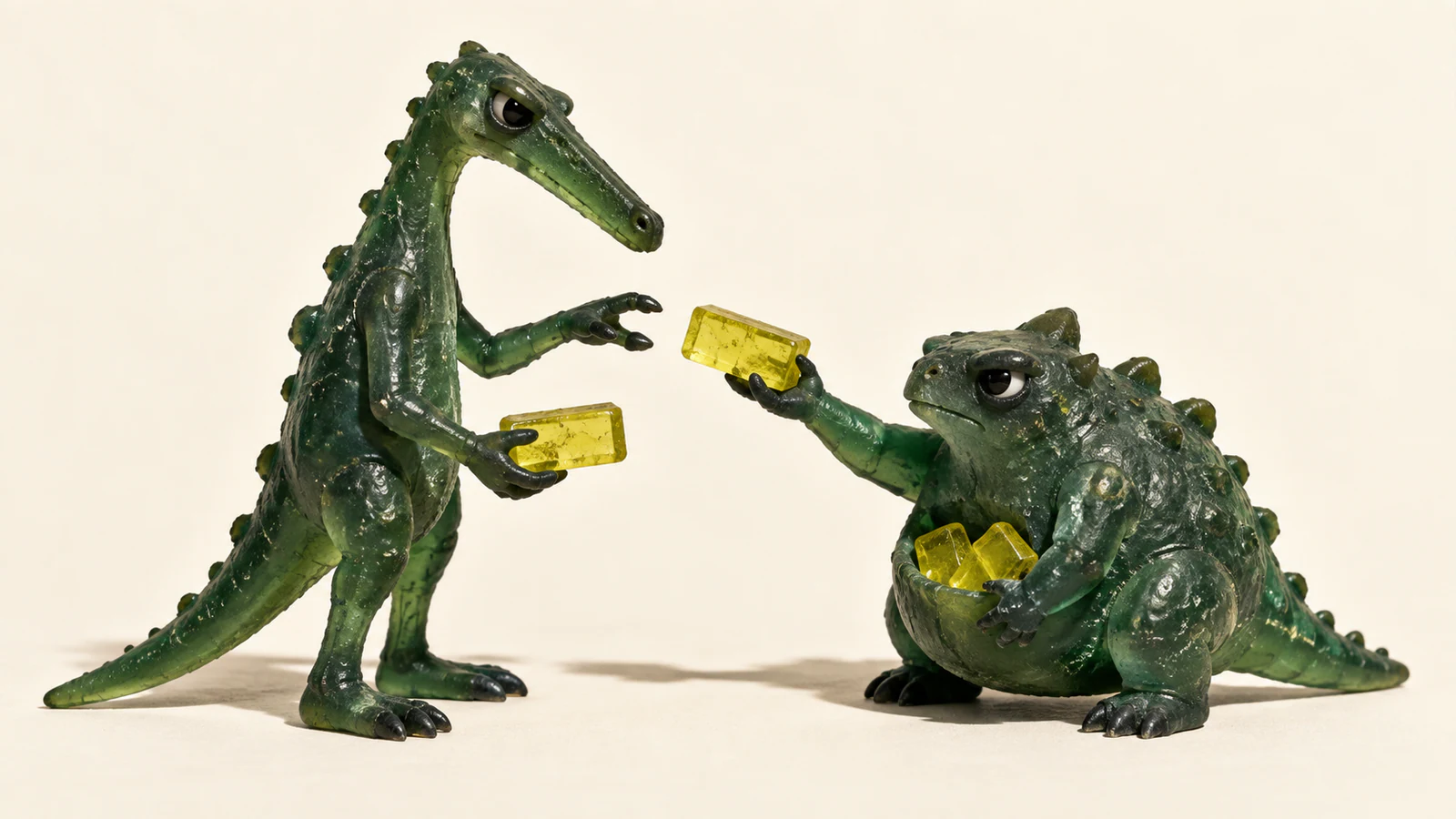 Two scuffed translucent green resin dinosaurs face each other on ivory. The squat dinosaur holds yellow tiles in its belly pouch and offers one toward the taller dinosaur’s open claw; the taller dinosaur holds another tile.