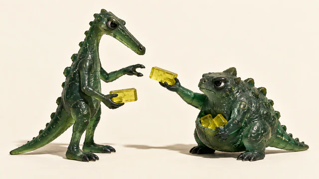 Two scuffed translucent green resin dinosaurs face each other on ivory. The squat dinosaur holds yellow tiles in its belly pouch and offers one toward the taller dinosaur’s open claw; the taller dinosaur holds another tile.