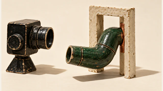 A black ceramic camera faces a bent green ceramic limb pressing against a copper-colored strip inside an ivory doorway. Chipped glaze and hard shadows give the miniature a handmade appearance.