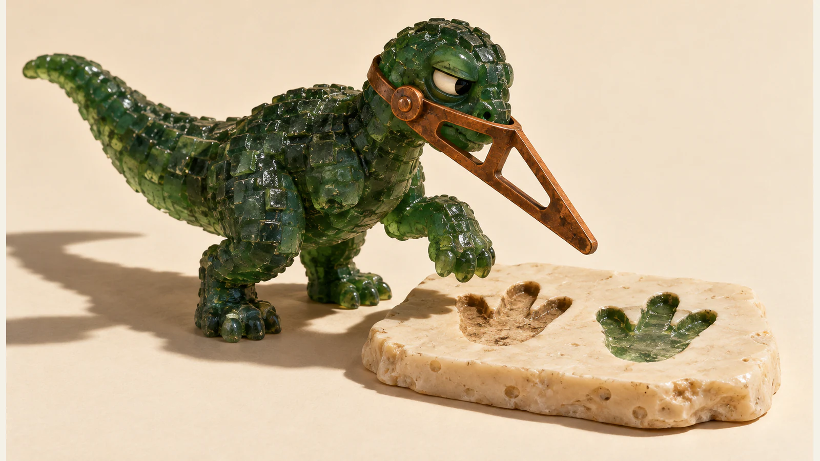 A translucent green dinosaur raises one foot above two differently colored footprint recesses in an ivory slab. A long copper-colored guide is strapped around its snout, and hard light casts shadows across the warm ivory background.