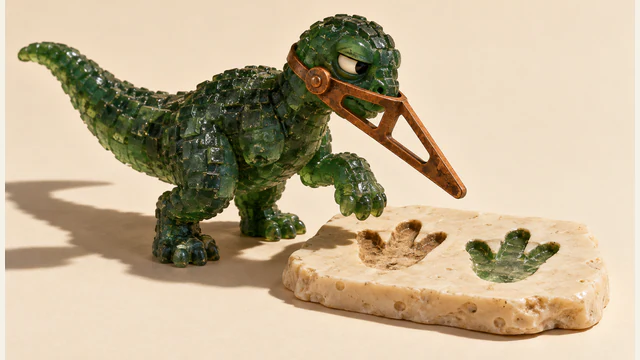 A translucent green dinosaur raises one foot above two differently colored footprint recesses in an ivory slab. A long copper-colored guide is strapped around its snout, and hard light casts shadows across the warm ivory background.
