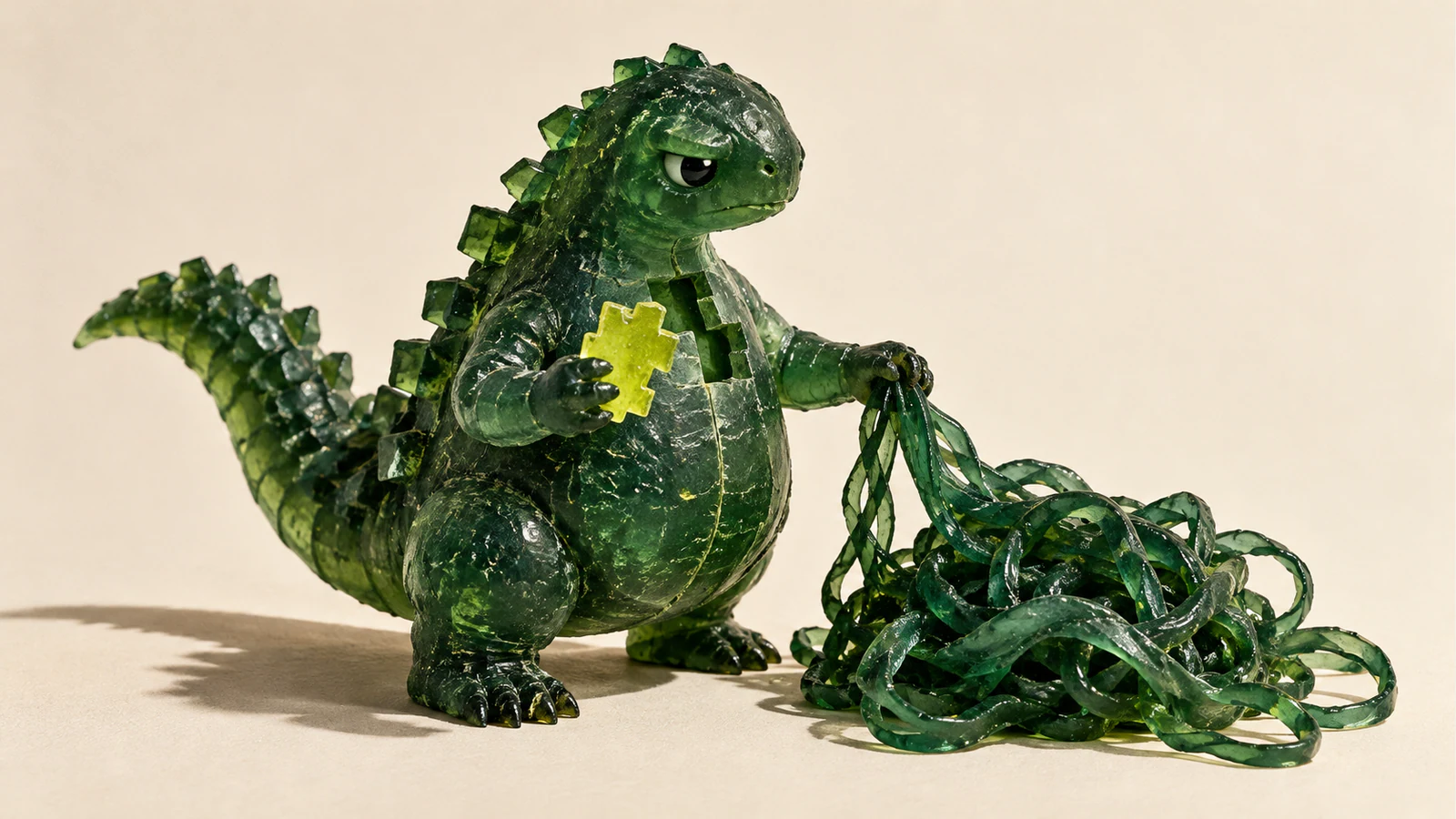 A skeptical green resin dinosaur holds a yellow notched piece beside an opening in its chest while gripping tangled green strands piled on an ivory floor. Hard light reveals scratches, bubbles and a long shadow.