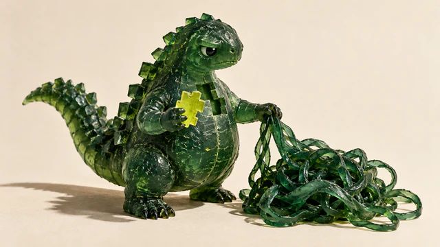 A skeptical green resin dinosaur holds a yellow notched piece beside an opening in its chest while gripping tangled green strands piled on an ivory floor. Hard light reveals scratches, bubbles and a long shadow.