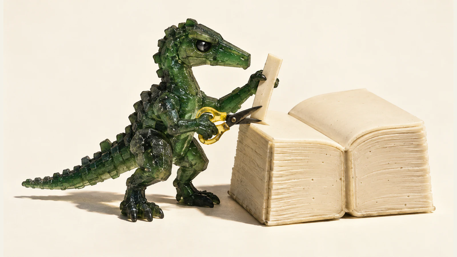A translucent green miniature dinosaur uses yellow-handled scissors to trim a blank ivory strip beside an oversized open book, casting shadows across a warm ivory surface.