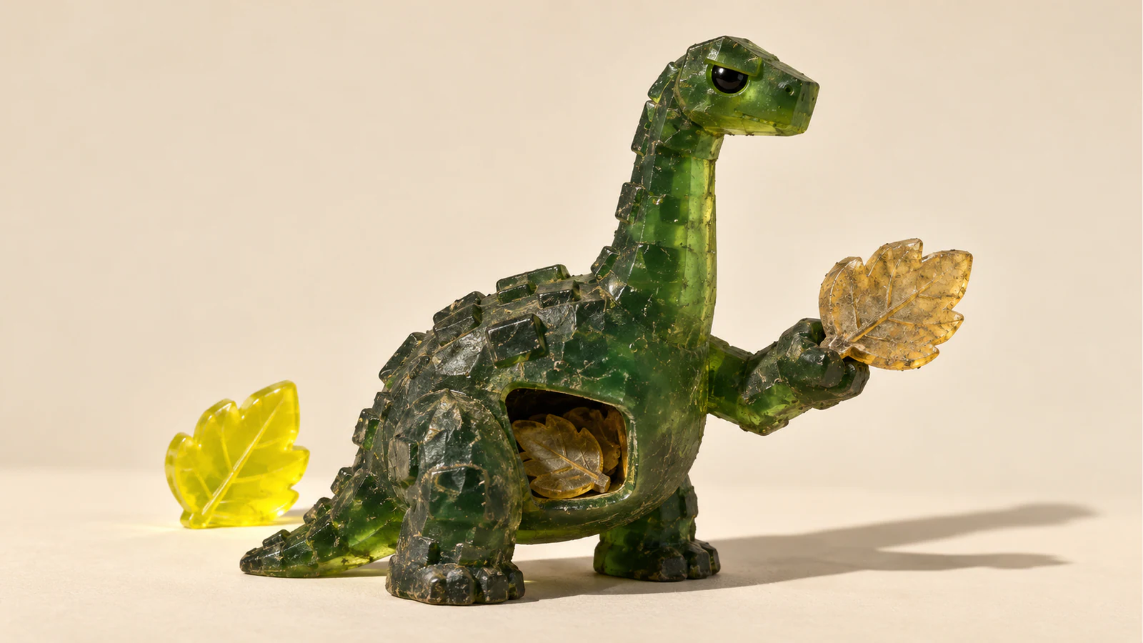 A scuffed translucent green resin dinosaur offers a dusty amber leaf, with more leaves stored inside its open belly. A bright yellow leaf stands separately behind it on an ivory surface.