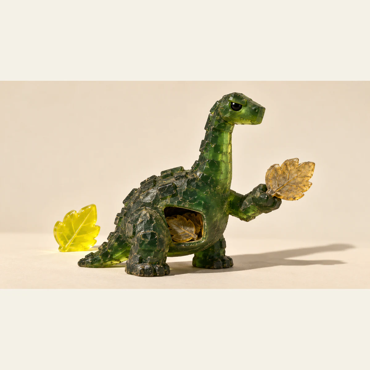 A scuffed translucent green resin dinosaur offers a dusty amber leaf, with more leaves stored inside its open belly. A bright yellow leaf stands separately behind it on an ivory surface.