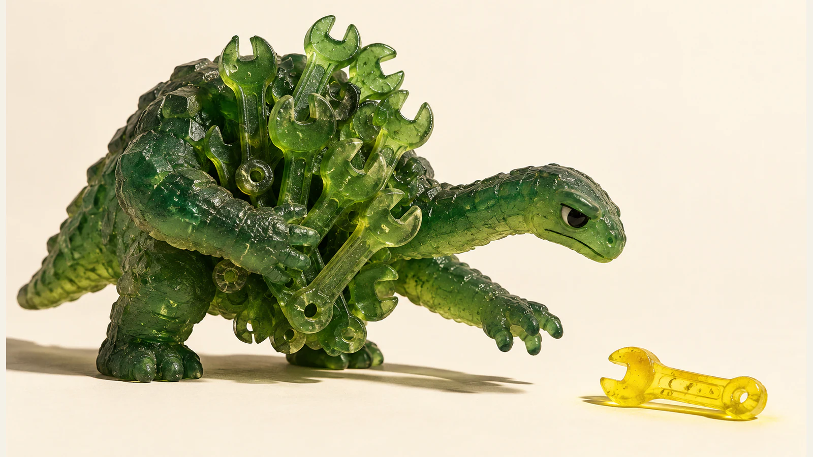 A translucent green resin dinosaur clutches a crowded bundle of green wrenches while reaching toward a solitary yellow wrench on an ivory surface, with hard shadows and visible resin bubbles.