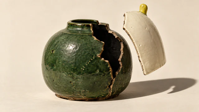 A cracked forest-green ceramic vessel beside a lifted ivory shell with a yellow tab. Its jagged opening exposes a dark interior, casting hard shadows across a warm ivory background.