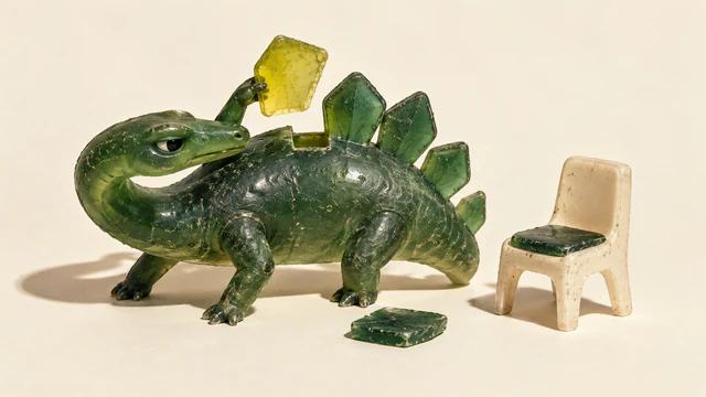 A scuffed translucent green resin dinosaur holds a yellow plate above a gap in its own back. A removed green plate lies below, beside an empty ivory chair, on a warm-ivory background.