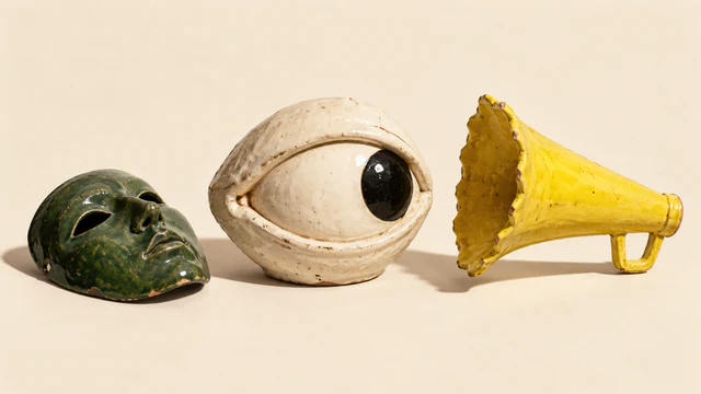 An imperfect ivory ceramic eye looks toward a chipped yellow megaphone, with a forest-green face mask resting to its left. Hard shadows fall across a warm ivory background.